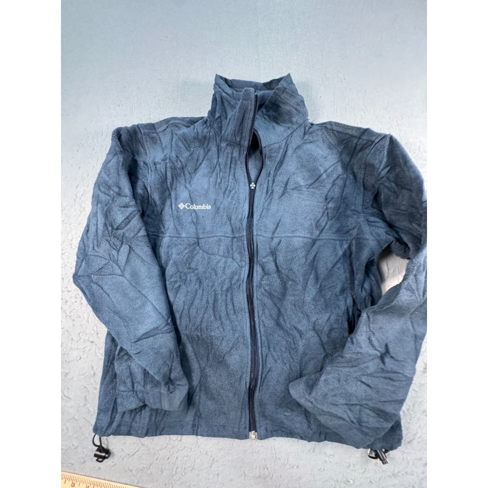 Columbia Fleece Jacket Men M Blue Signature White Logo Full Zip Mock Neck Warmth